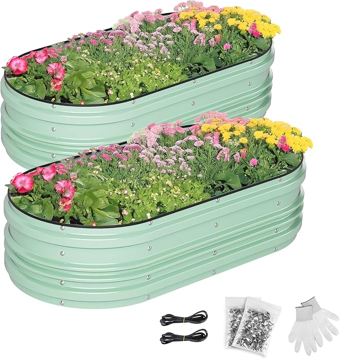 WORKPRO 2Pcs 4x2x1ft Galvanized Raised Garden Bed Set, Rust & Corrosion Protection, Easy Assembly, Safe Edge, Ideal for Vegetables & Flowers, Green