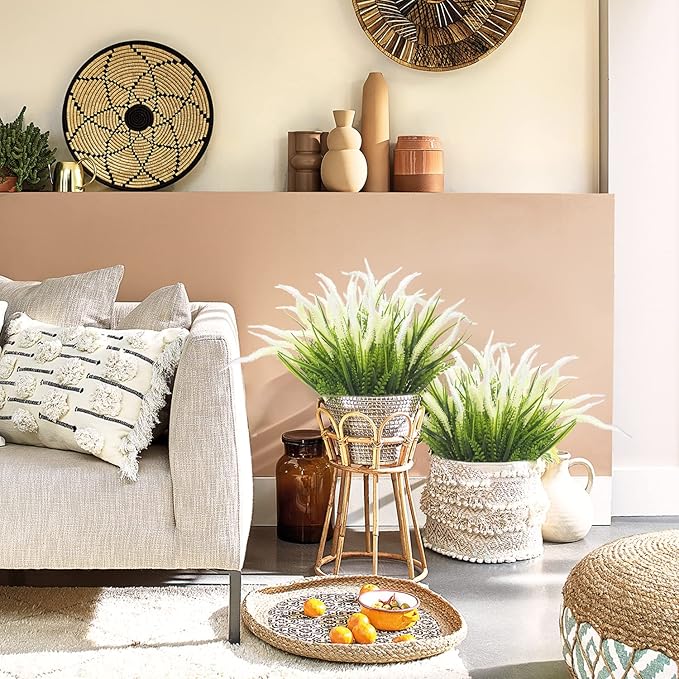 10 Bundles Artificial Plants Outdoor Fake Grass with Flowers UV Resistant Greenery Garden Porch Window Box Decorating (White)