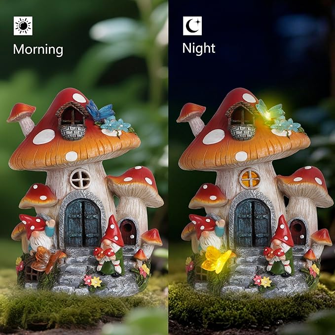 basen Solar Mushroom House Garden Statue Outdoor Decor, Resin Fairy Gnome House with LED Light, Solar Powered Whimsical Yard Art for Lawn Patio Porch Pathway, Weather Resistant