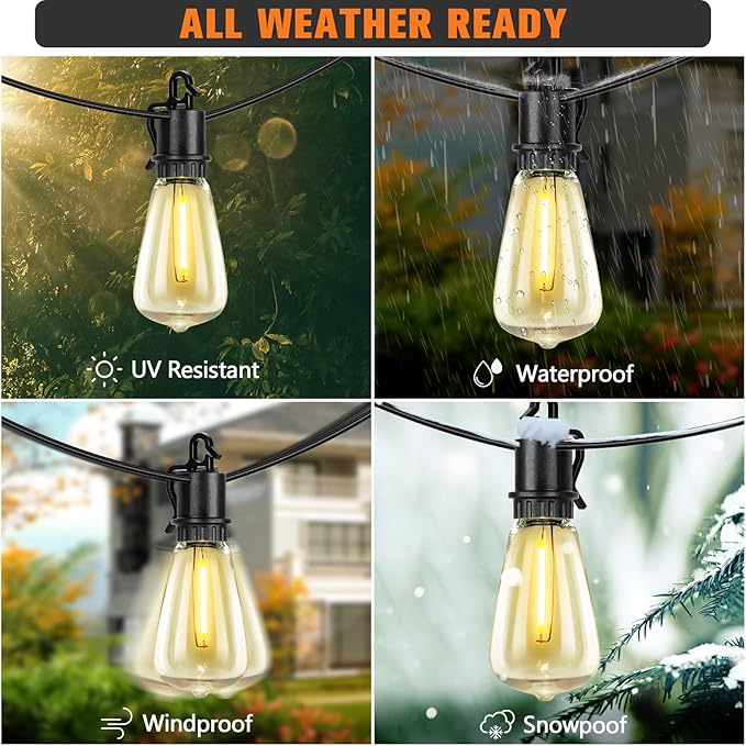 50FT Solar String Lights Outdoor with Remote, IP65 Waterproof Shatterproof ST38 LED Bulbs, 2700K Dimmable Outside Hanging Lights for Patio, Garden, Camping, Deck, Backyard Decor