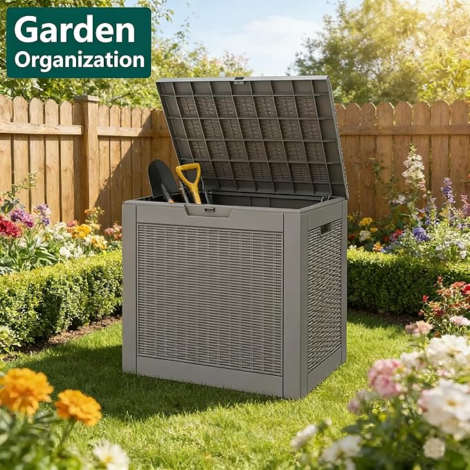 WTFGO 31 Gallon Outdoor Storage Deck Box Waterproof,Garden Tool,Backyard Cushion,Poolside Storage,Small Delivery Boxes for Outside,Lockable Lid,Rattan Grey