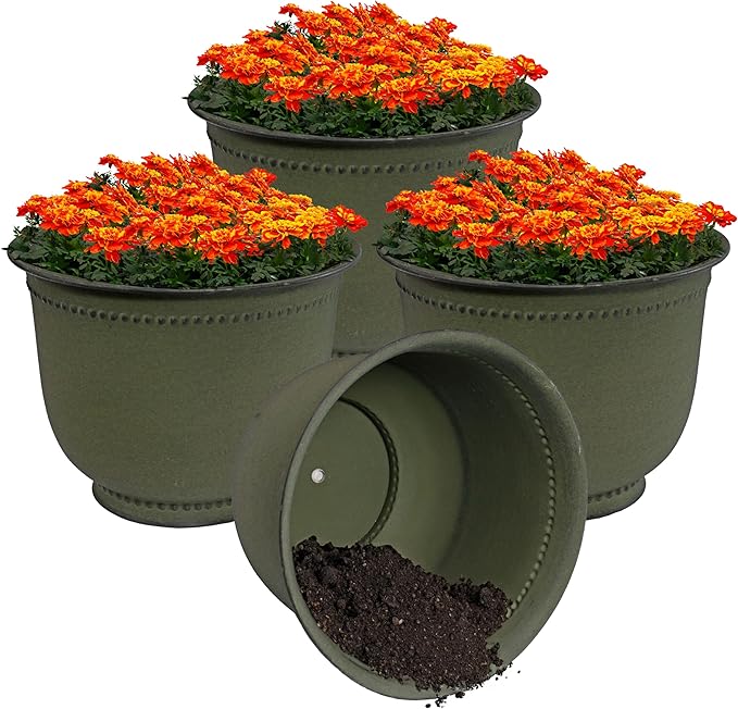 Sunnydaze Michael 14.5" Metal Outdoor Plant Pot Set with Drainage Holes and Rubber Plugs - Matte Sage - Set of 4