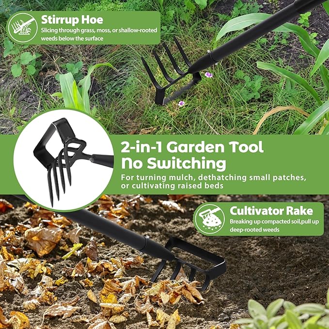 Garden Hoe,2 in 1 Heavy Duty Stirrup Hoe and Cultivator Gardening Tool Set with 62 inch Long Handle,Lightweight Hoes Weeding Rake for Fast Weeds Grass Removal,Cultivating, Loosen Soil, Sharp Edge