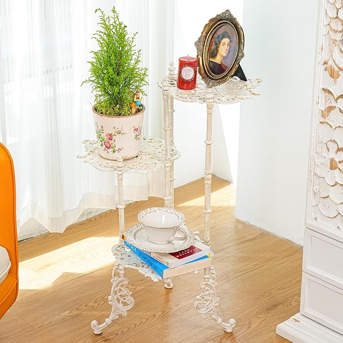 Sungmor Vintage Cast Iron 3-Tier Plant Stand, Elegant Butterfly & Floral Design with Antique White Finish, 28 Inch Tall Rustic Flower Pot Holder, Heavy Duty Metal Display Shelf for Indoor and Outdoor