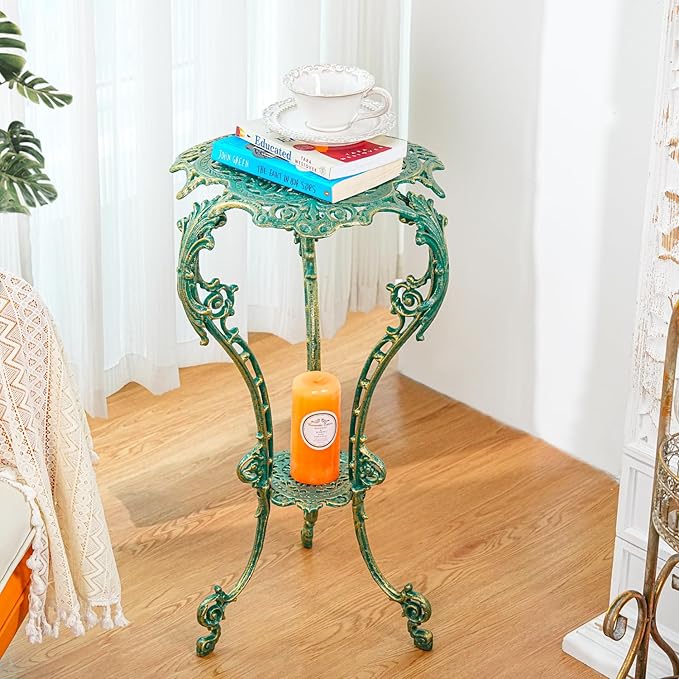 Sungmor Vintage Cast Iron Plant Stand - Ornate Green Pedestal Table for Indoor Outdoor Garden, 27.5" Antique Metal Flower Pot Holder, Victorian Style Plant Display Stand - Patio, Porch, Balcony Décor