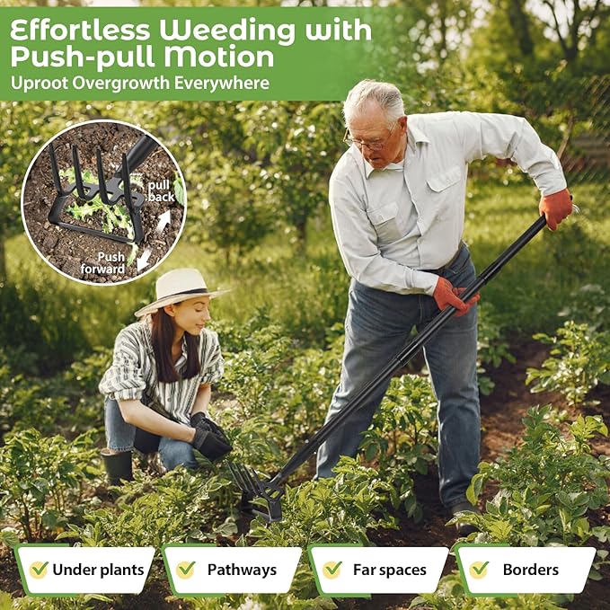 Garden Hoe,2 in 1 Heavy Duty Stirrup Hoe and Cultivator Gardening Tool Set with 62 inch Long Handle,Lightweight Hoes Weeding Rake for Fast Weeds Grass Removal,Cultivating, Loosen Soil, Sharp Edge