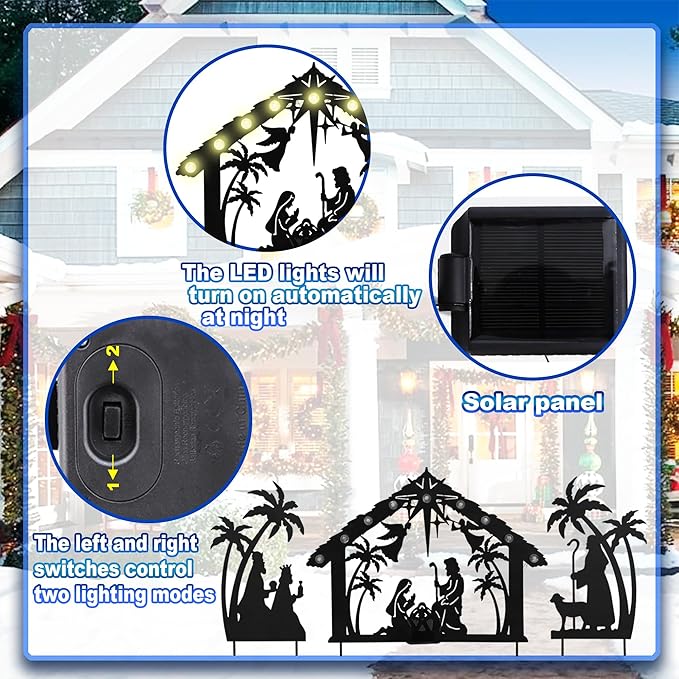 3Pack Lighted Metal Nativity Scene Garden Stake,Solar Christmas Decorations Outdoor,Silhouette Nativity Set Outside for Yard Decor