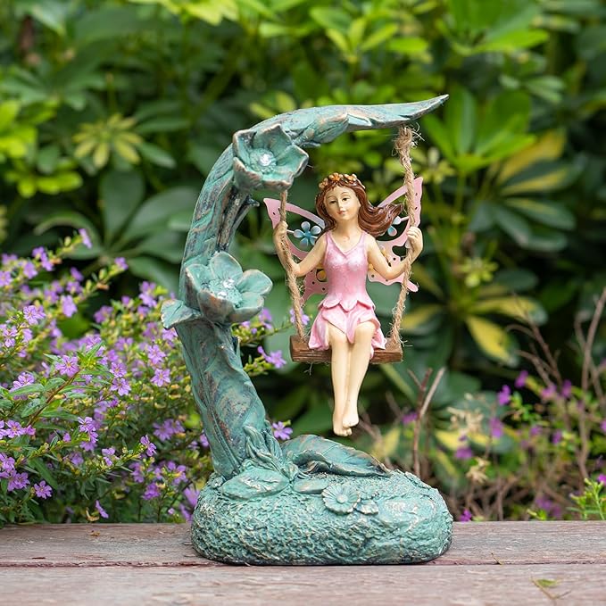 Garden Flower Fairy Outdoor Statue Decor Funny Swing Fairy Ornaments Figurines for Patio Lawn Yard Porch Outside Garden Gifts,9.05 Inches Tall ﻿ ﻿ ﻿