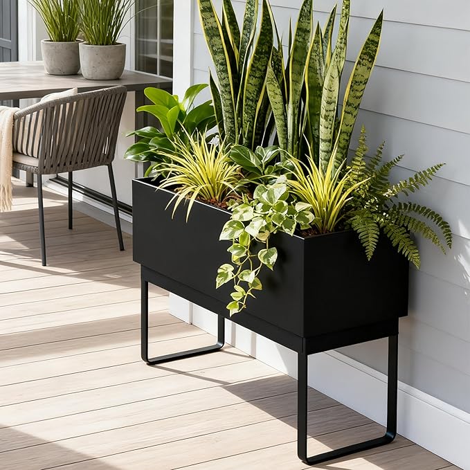 Worth Set of 2 Raised Metal Planter Box with Legs, Large & Small Matte Black Galvanized Steel Elevated Garden Beds with Drainage Hole & Plug for Vegetables, Flowers & Herbs, Indoor & Outdoor Use