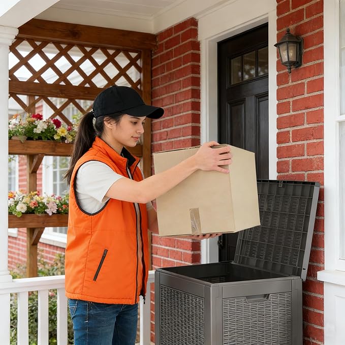 WTFGO 30 Gallon Outdoor Storage Deck Box Waterproof,Garden Tool,Backyard Cushion,Poolside Storage,Small Delivery Boxes for Outside,Lockable Lid,Rattan Grey