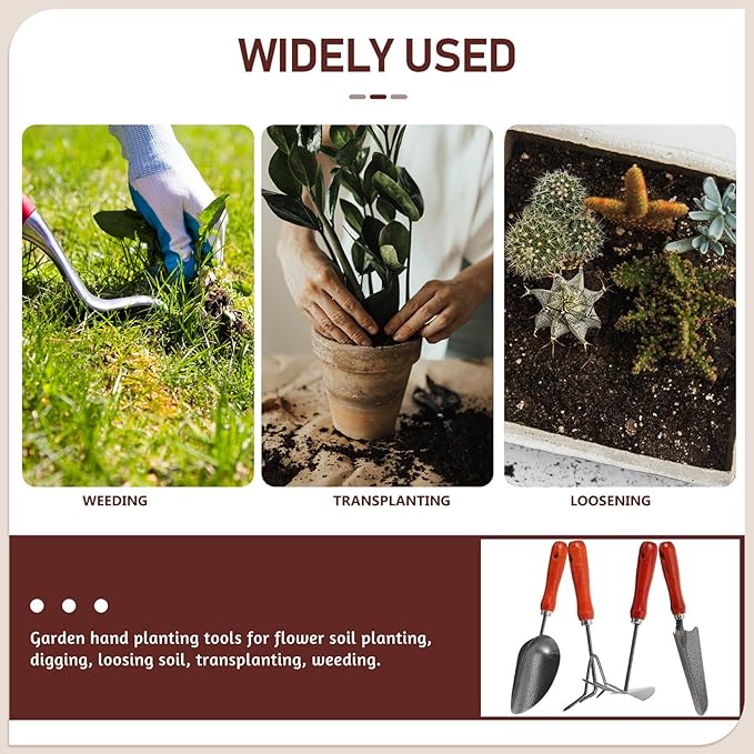 Housoutil 4pc Hand Garden Tools Set with Thick Painted Shovel, Rake, Narrow Trowel and Dual-Purpose Hoe, Sturdy Transplanting and Weeding Kit for Vegetable Gardens and Flower Pots