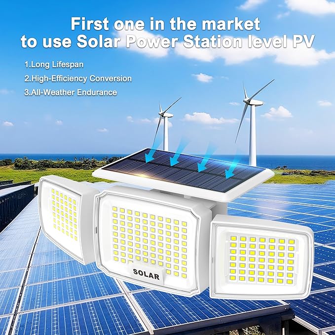 White Solar Security Light Outdoor Super Bright LED, Motion Sensor Flood Light, 3 Heads 270° Wide Angle, Remote Control, IP65 Waterproof, 3 Modes (2 Packs)