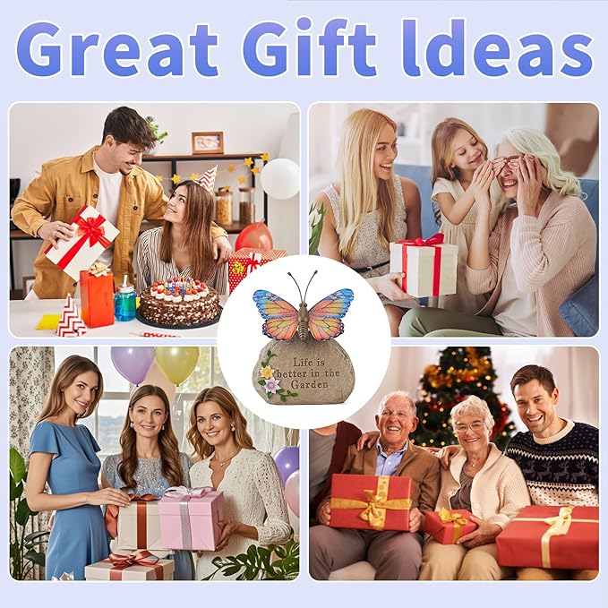 Solar LED Butterfly Garden Statue with Sparkling Light-Up Wings - Outdoor Yard Patio Decor Figurine, for Women Mom Grandma (Orange)