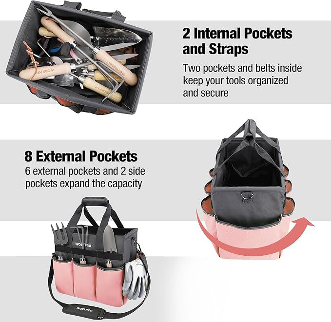 WORKPRO Garden Tool Bag, Heavy Duty Gardening Tote Bag Organizer with 10 Pockets and Long Adjustable Shoulder Strap, Standable Garden Home Tool Kits Organizer, Pink