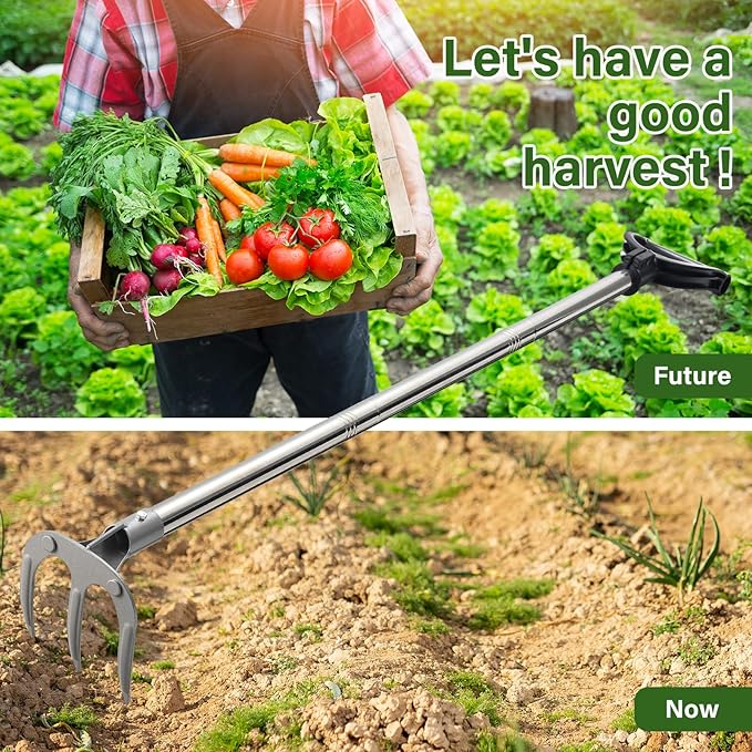 Hand Rake Garden Tool - 57" Long Handle Soil Tiller Cultivator Weeding Rake, 3-Tine Heavy Duty Carbon Steel with D-Grip for Effortless Weeds Digging, Soil Loosening, Planting