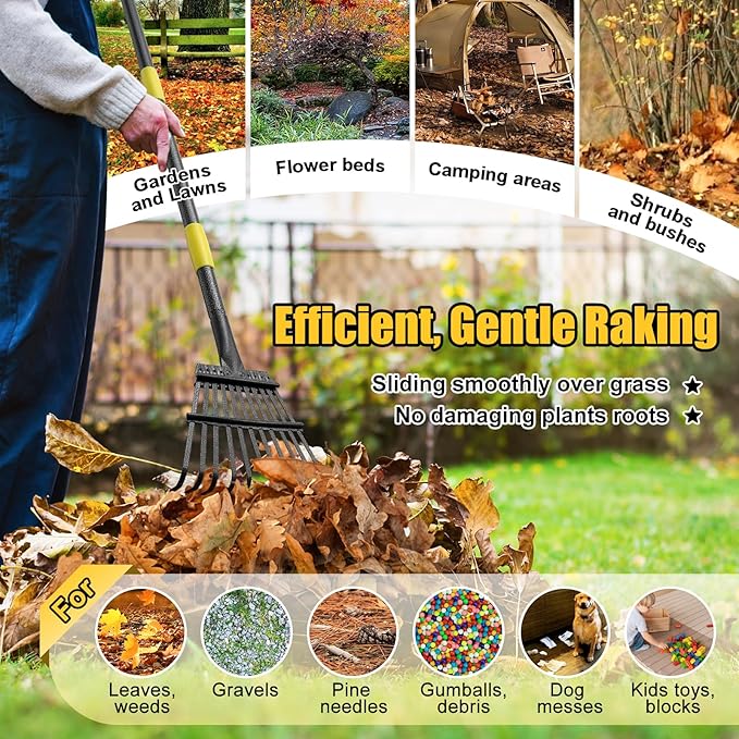 Leaf Rake: 8.5" Wide Heavy Duty Small Metal Garden Rake for Lawn Yard Garden Bed Leaves Debris Shrub Pine Needles Cleanup, 11 Metal Tines, Lightweight Kids Leaf Rakes, 72” Long Handle