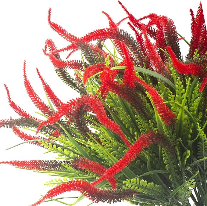 10 Bundles Artificial Plants Outdoor Fake Grass with Flowers UV Resistant Greenery Garden Porch Window Box Decorating (Red)