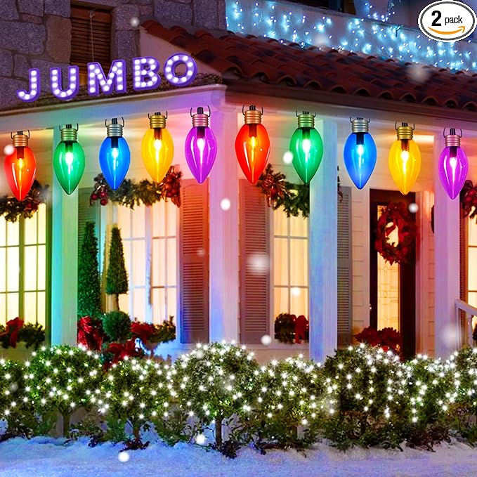 Super Jumbo 2 Pack Christmas & Pathway String Lights, Outdoor Xmas Decor - 11Ft 5 Jumbo LED Hanging Lights, Waterproof Lawn Decoration for Home Tree Roof Yard Garden, Multicolor