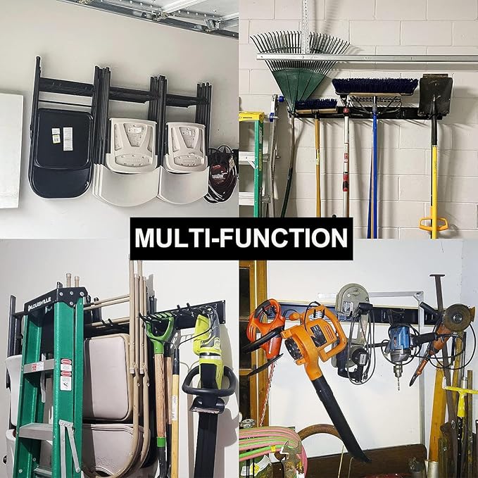 Wallmaster Garage Storage Organization Wall Mount, Garden Tool Rack Organizer Heavy Duty Folding Chair Hangers with 12 Adjustable Hooks 96inch Tracks Max Load 900lb