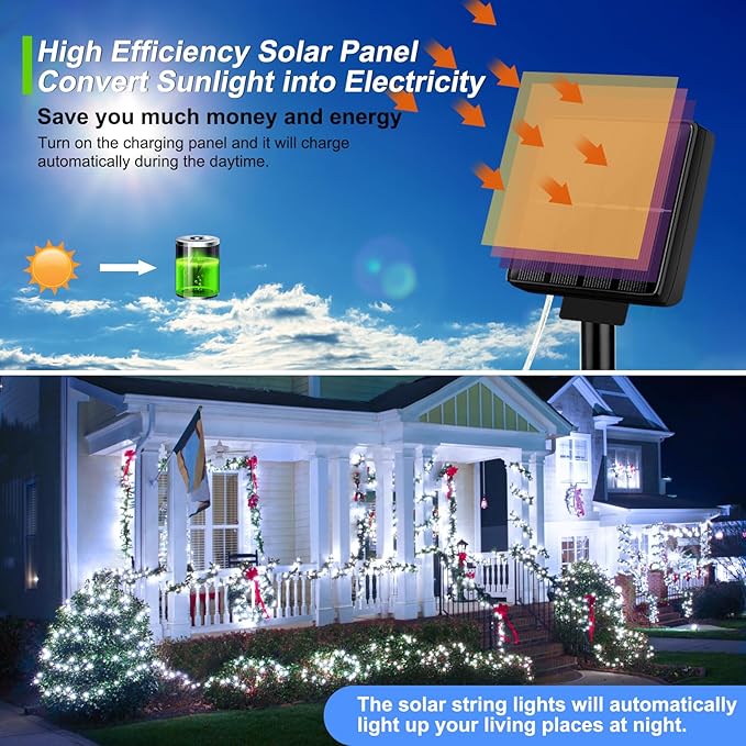 Brightever Solar String Lights, 2-Pack Total 80FT 200LED Solar Fairy Lights with 8 Lighting Modes, Solar Lights Outdoor Waterproof for Christmas Wedding Party Tree Yard Decoration (Daylight White)