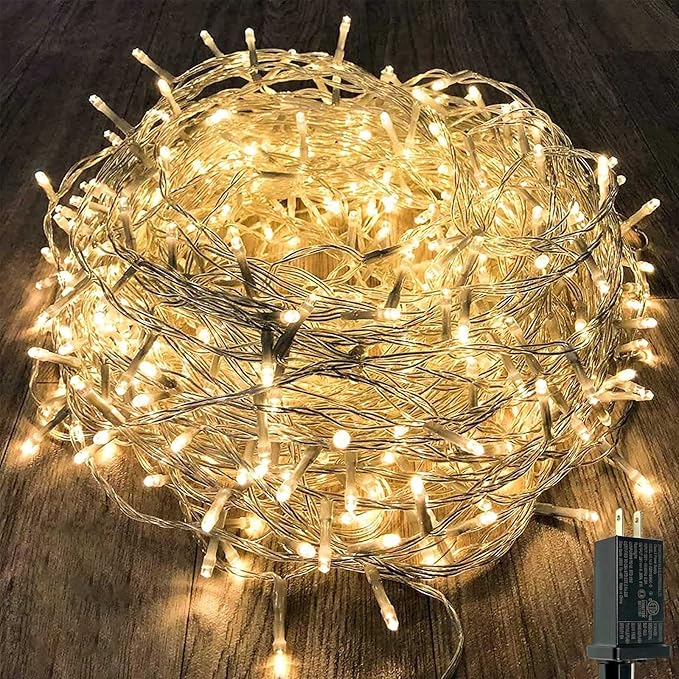 115FT 300LED Warm White Christmas String Fairy Lights Indoor/Outdoor, Waterproof with 8 Modes, Clear Wire Plug in Twinkle Light for Outside Garden Bedroom Christmas Tree Decorations