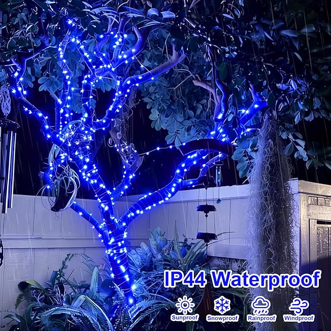 QITONG 4 Pack Solar Fairy Lights, Each 33ft 100 LED Blue Christmas String Light Outdoor Waterproof, 8 Modes Silver Wire Twinkle Mini Lights
