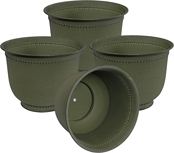 Sunnydaze Michael 14.5" Metal Outdoor Plant Pot Set with Drainage Holes and Rubber Plugs - Matte Sage - Set of 4
