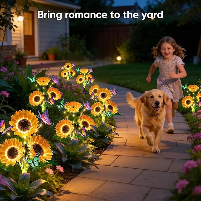 Solar Flowers Outdoor Waterproof: 2 Pack Solar Sunflower Lights with Butterflies for Garden Decor - Auto On Off IP65 Outdoor Lights - Unique Gifts for Mom and Gardeners
