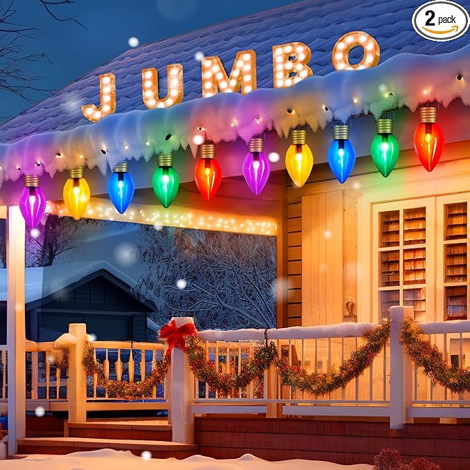 2 Pack Christmas Lights Jumbo C9 Outdoor Lawn Decorations with Pathway Marker Stakes, Total 21Ft 10 LED C7 Lights Covered Jumbo Glitter Multicolor Bulb for Holiday Outside Yard Garden Decor