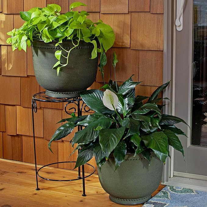 Sunnydaze Michael 14.5" Metal Outdoor Plant Pot Set with Drainage Holes and Rubber Plugs - Matte Sage - Set of 4