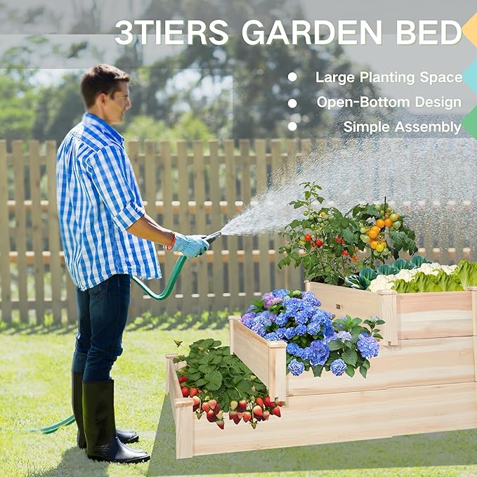 ZSYWODFO 3-Tier Raised Garden Bed with Fabric Liner, Wood Elevated Planter Box with Dovetail Joint Design, 3 Dividable Bed Kit for Vegetables/Herbs/Flowers, Outdoor Gardening for Patio, Lawn, Balcony