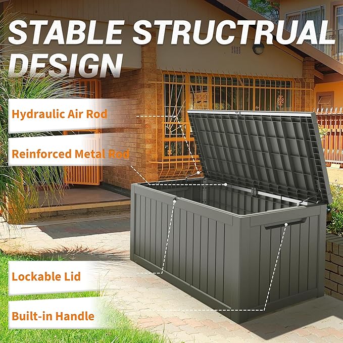 WTFGO 240 Gallon Large Resin deck box Waterproof,Outdoor Storage Bench,Patio Storage Box,Garden Tool Storage,UV-Resistant & All-Weather,Wood-like Striped Gray