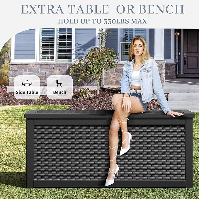 WTFGO 320 Gallon Large Resin deck box Waterproof,Outdoor Storage Bench,Patio Storage Box,Garden Tool Storage,Resin Large Sturdy Deck boxes with Double Wall Panels,Rattan Black