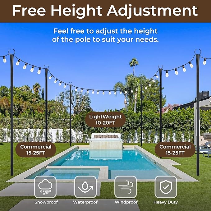 10 Ft String Light Poles for Outside, 4 Pack Heavy-Duty Metal Poles for Outdoor Hanging Lights with Fence Brackets, Outdoor String Light Pole Stand for Patio, Backyard, Garden