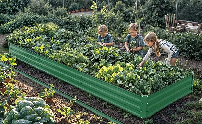 YITAHOME 144x48x12 in Galvanized Raised Garden Bed Kit, Large Metal Planter Box with Gloves, Safety Rubber & Support Rod, Outdoor Flower Bed for Plants Vegetables, Green