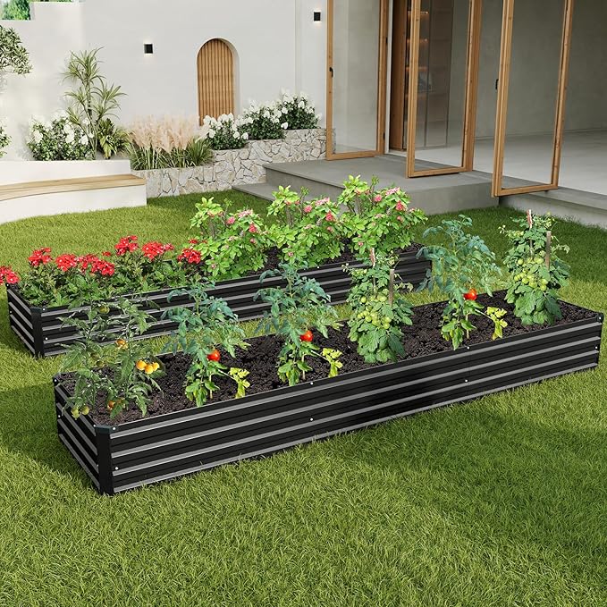 ZUNUDA 12×2×1FT(2PCS) Galvanized Raised Garden Bed Kit, Metal Planter Boxes,Large Outdoor Planters Garden for Planting Vegetables,Flowers,Herbs -Black