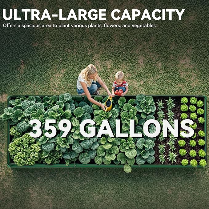 YITAHOME 144x48x12 in Galvanized Raised Garden Bed Kit, Large Metal Planter Box with Gloves, Safety Rubber & Support Rod, Outdoor Flower Bed for Plants Vegetables, Green