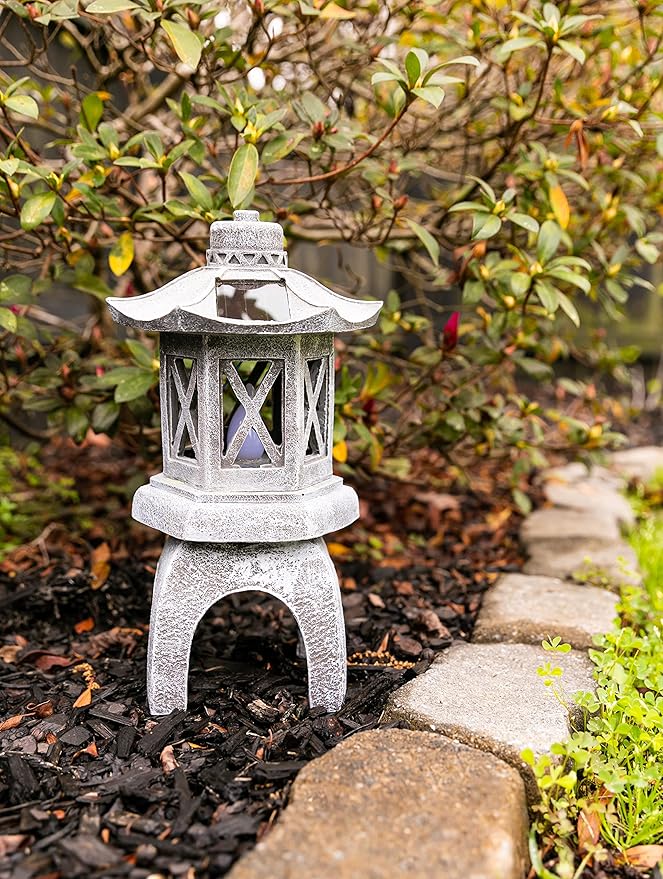 VP Home Solar-Powered Pagoda Garden Statues - Japanese Zen Lantern Outdoor Decor with Flickering LED Light - Durable Polyresin for Yard, Patio, or Garden - 12 x 7 x 6 Inches (Zen Garden Pagoda)