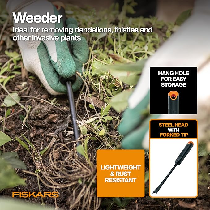 Fiskars Vegetable Gardening Essentials 6-Piece Tool Set for Cultivating, Serrated Stainless Steel Shears & 4-in-1 Seed Sower for Planting, Rust-Resistant Steel Trowel, Cultivator, Weeder, L/XL Gloves