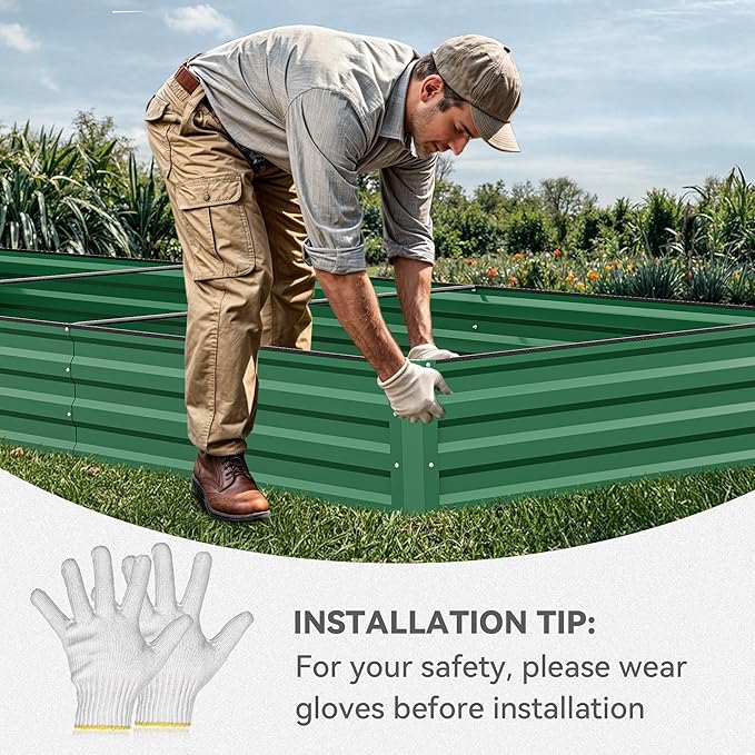 YITAHOME 144x48x12 in Galvanized Raised Garden Bed Kit, Large Metal Planter Box with Gloves, Safety Rubber & Support Rod, Outdoor Flower Bed for Plants Vegetables, Green