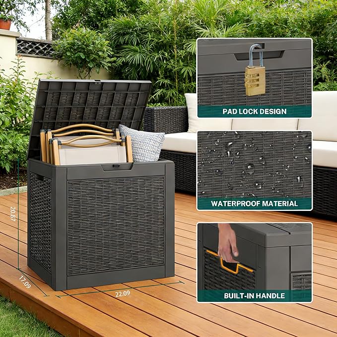 WTFGO 30 Gallon Outdoor Storage Deck Box Waterproof,Garden Tool,Backyard Cushion,Poolside Storage,Small Delivery Boxes for Outside,Lockable Lid,Rattan Black