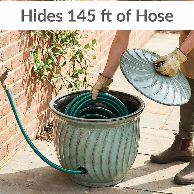 Sunnydaze Metal Garden Hose Holder Pot with Lid - UV-Resistant 145-Foot Garden Hose Pot Holder - Sage Glaze Finish