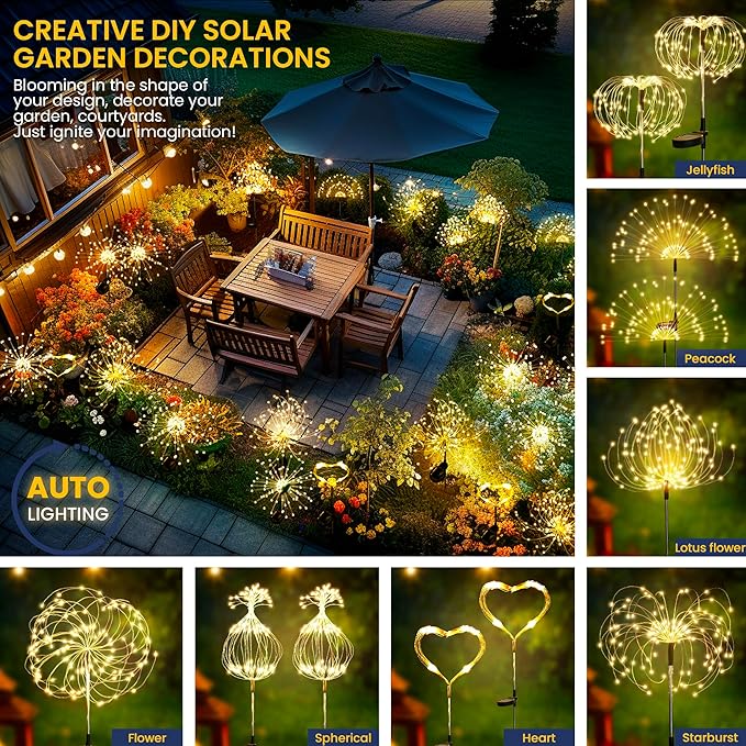 GIGALUMI Garden Decor Outdoor Lights 120LED 8Pack, Solar Garden Lights for Christmas Outside Fairy Firework Decorative,Solar Powered for Yard Pathway Flowerbed Planter Balcony Patio Decor (Warm White