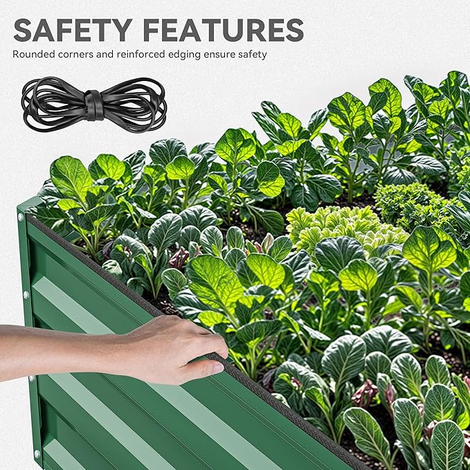 YITAHOME 144x48x12 in Galvanized Raised Garden Bed Kit, Large Metal Planter Box with Gloves, Safety Rubber & Support Rod, Outdoor Flower Bed for Plants Vegetables, Green