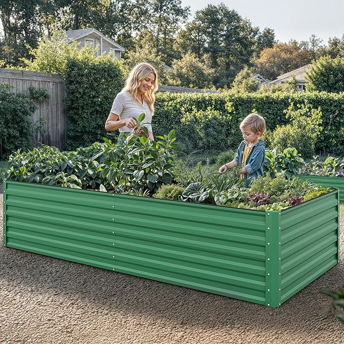 YITAHOME 96x48x24 in Galvanized Raised Garden Bed Kit, Large Metal Planter Box with Gloves, Safety Rubber & Support Rod, Outdoor Flower Bed for Plants Vegetables, Green