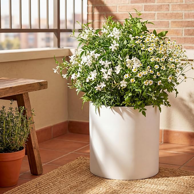 FaithLand Plant Pot 12 inch - Perfectly Fits Mid-Century Modern Plant Stand - Drainage Plug and Drainage Mesh Screen - Matte White