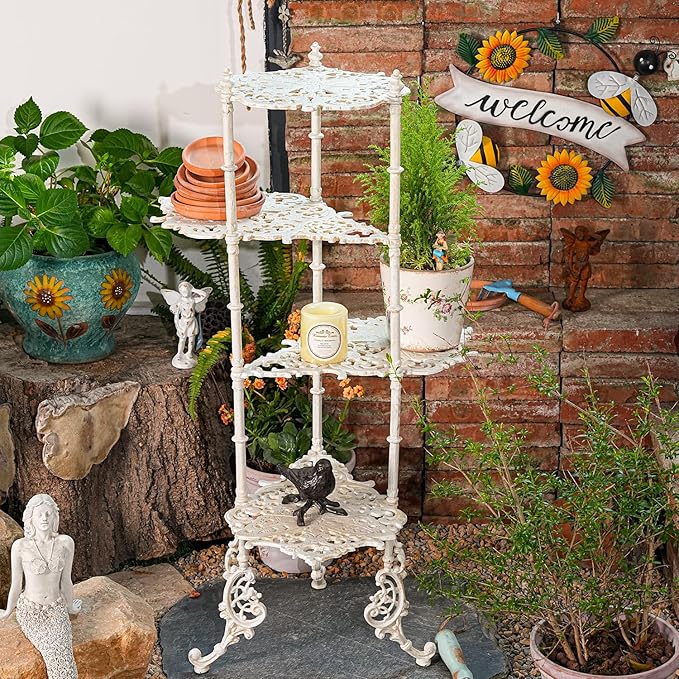 Sungmor Vintage Cast Iron 4-Tier Plant Stand, Elegant Butterfly & Floral Design with Antique White Finish, 36 Inch Tall Rustic Flower Pot Holder, Heavy Duty Metal Display Shelf for Indoor and Outdoor