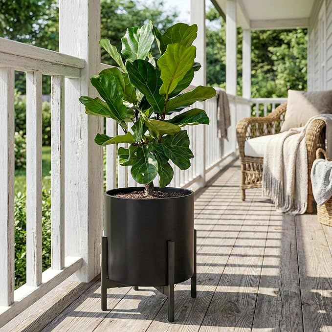 FaithLand Plant Pot 12 inch - Perfectly Fits Mid-Century Modern Plant Stand - Drainage Plug and Drainage Mesh Screen - Matte Black