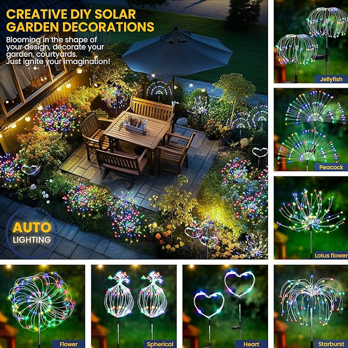 GIGALUMI Garden Decor Outdoor Lights 120LED 2Pack, Solar Garden Lights for Christmas Outside Fairy Firework Decorative,Solar Powered for Yard Pathway Flowerbed Planter Balcony Patio Decor (Multicolor