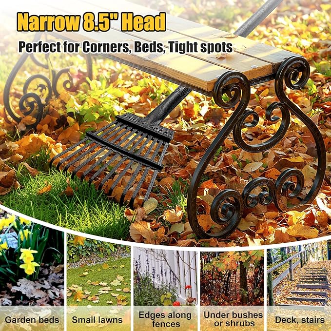 Rake for Leaves: Small Metal Garden Rake, 8.5" Wide, 11 Metal Tines,Heavy Duty Lightweight Kids Leaf Rakes for Small Lawn Yard Shrub,Tight Spot Garden Bed Leaf Debris Picking Cleaning, 60” Long Handle